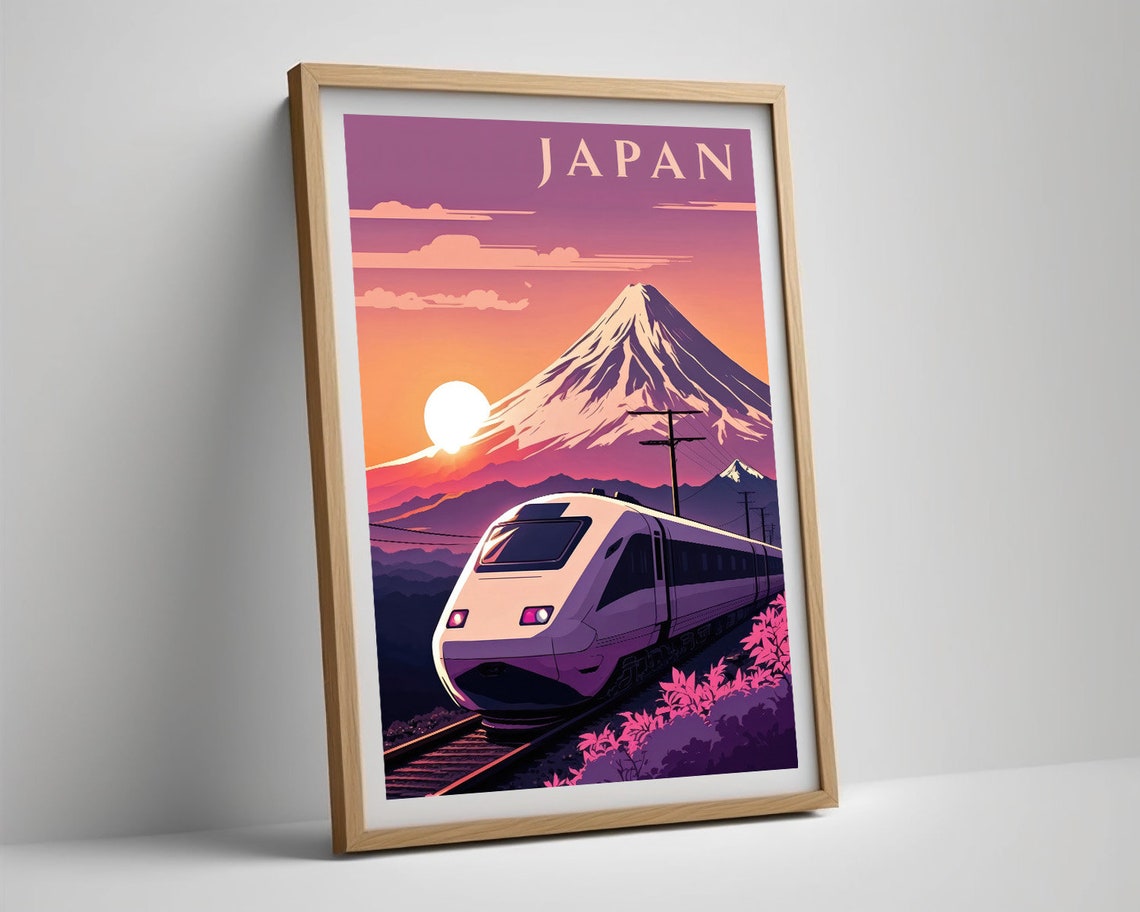 Japan Bullet Train Mount Fuji Sunset Shinkansen Vintage Poster - Image 5