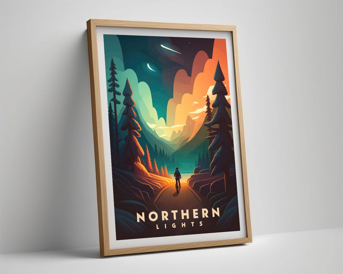 Northern Lights Night Sky Cyclist Mountain Aurora Adventure Poster - Image 2