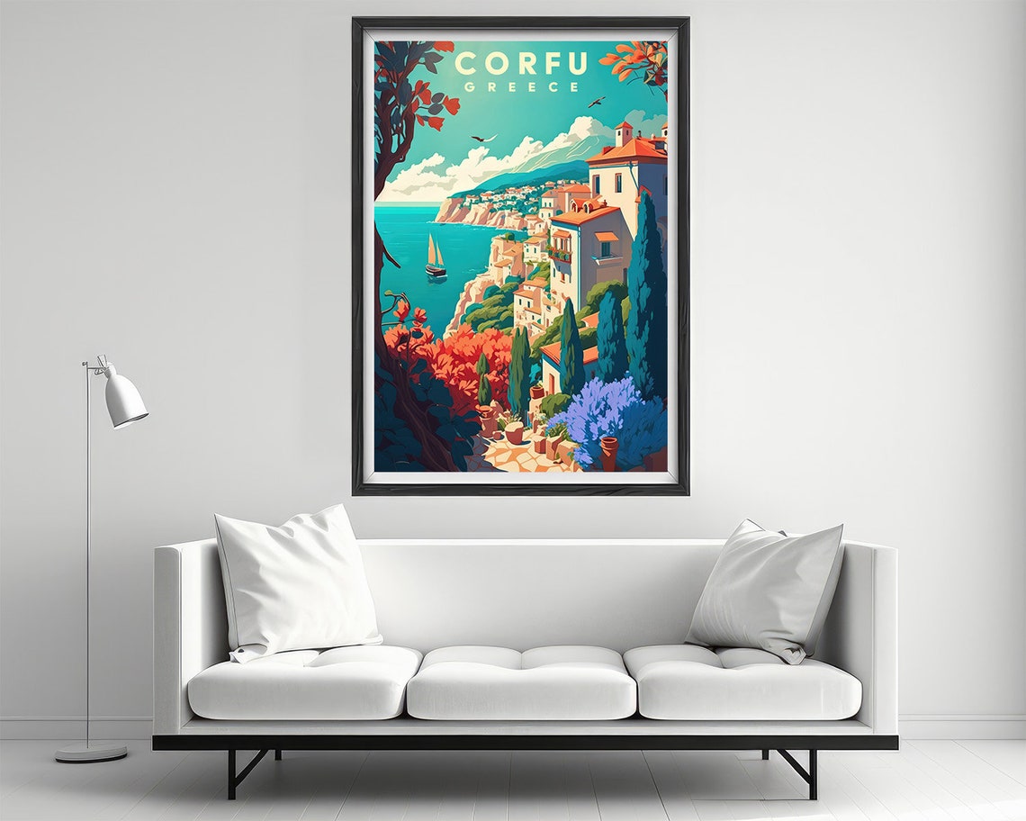 Corfu Greece Seaside Cliff Village Coastline Vintage Travel Poster - Image 2