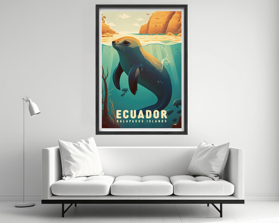 Ecuador Galapagos Sea Lion Underwater Scene Vintage Travel Poster - Image 2
