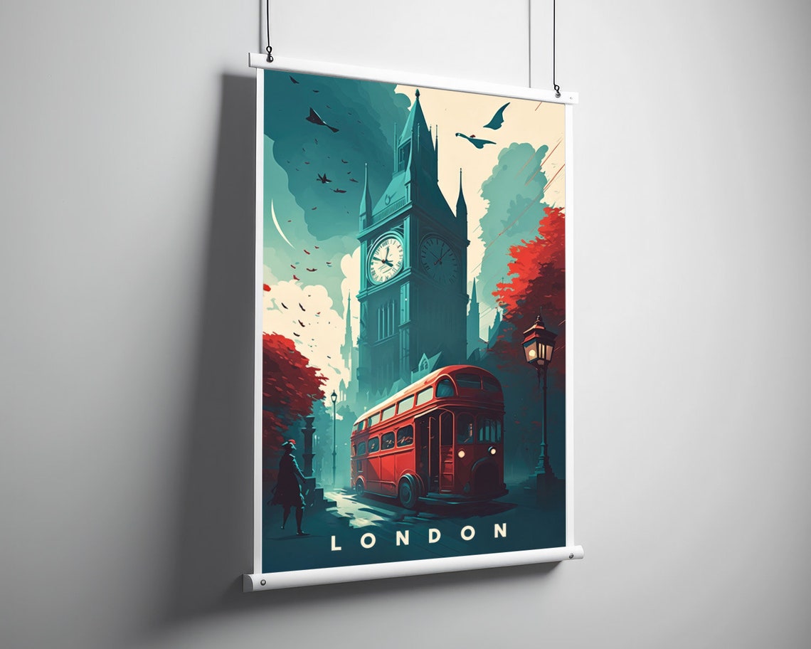 London Big Ben Red Double Decker Bus Gaslight Vintage Travel Poster - Image 3