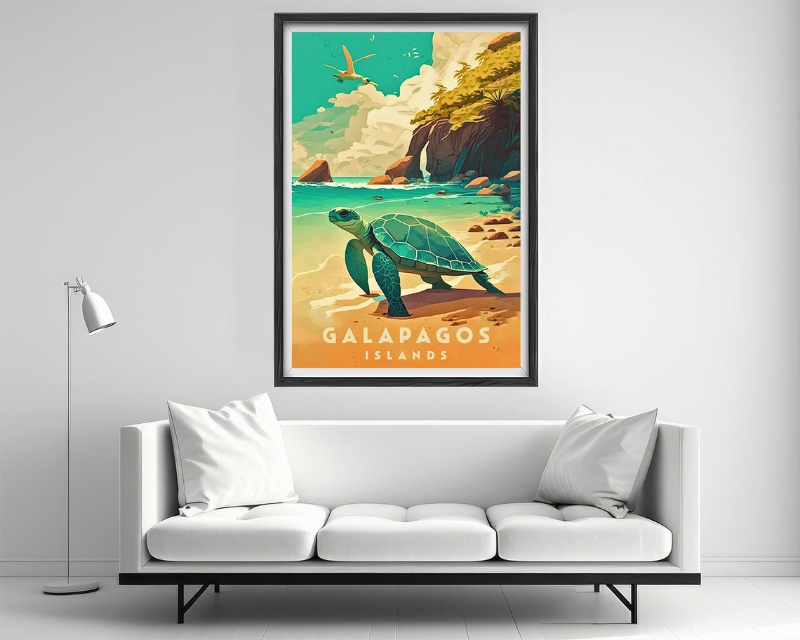 Galapagos Islands Sea Turtle Sandy Beach Sunset Vintage Travel Poster - Image 2