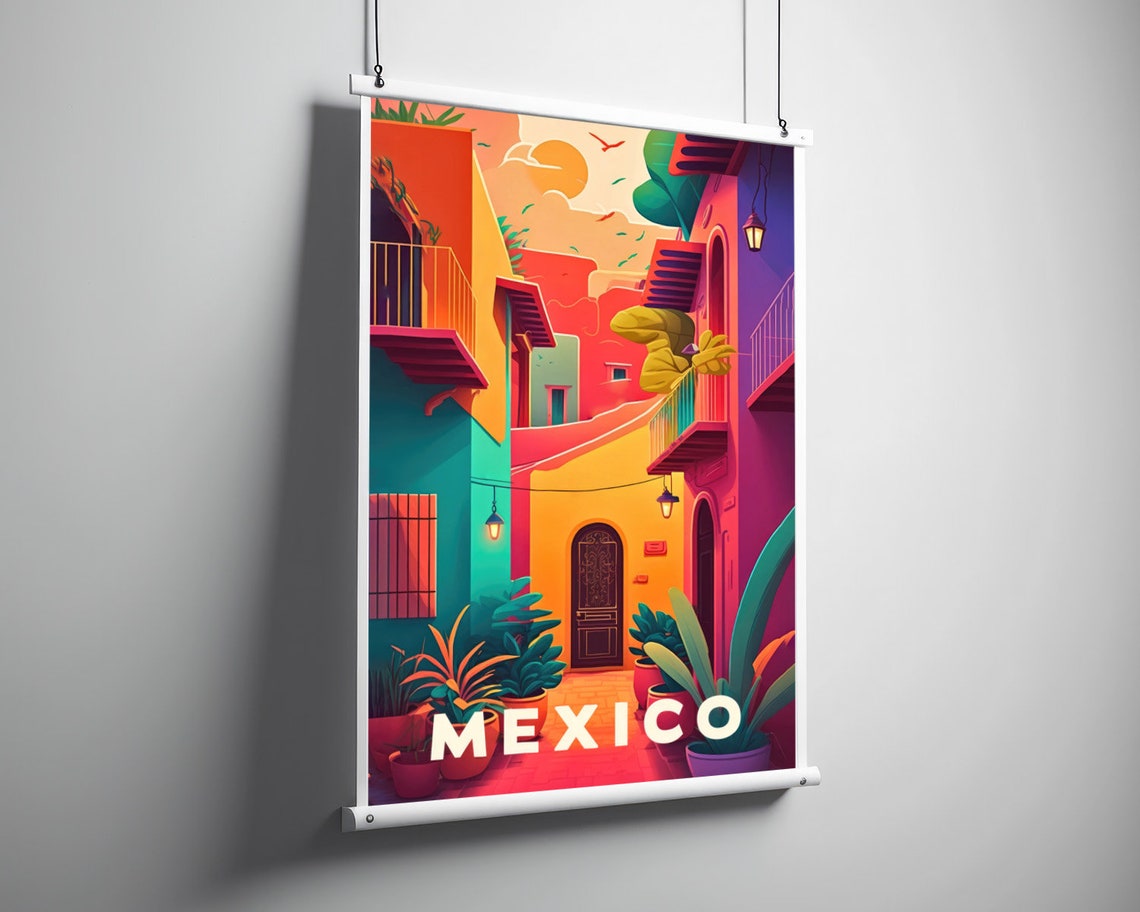 Mexico Alley Sunset Vintage Travel Poster Balcony Street Scene - Image 3