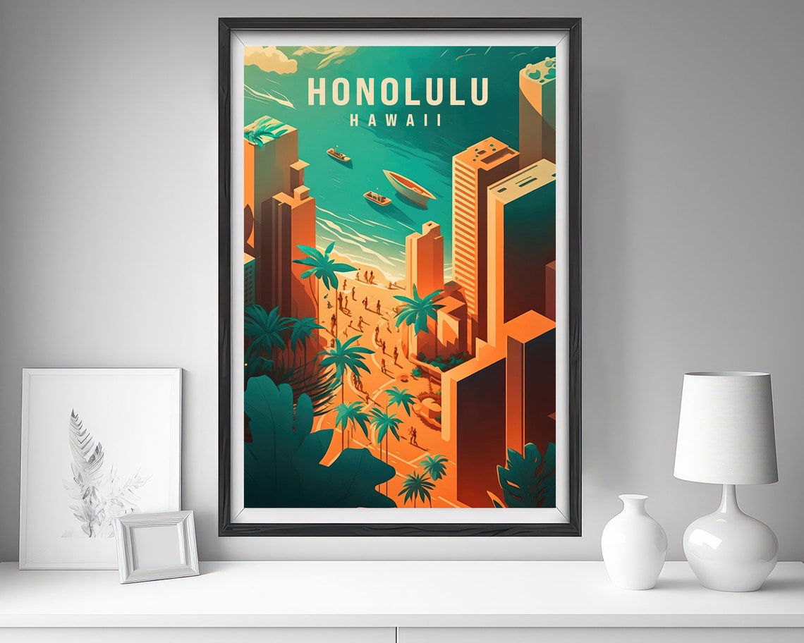 Honolulu Hawaii Waikiki Beach City Skyline Vintage Travel Poster - Image 4