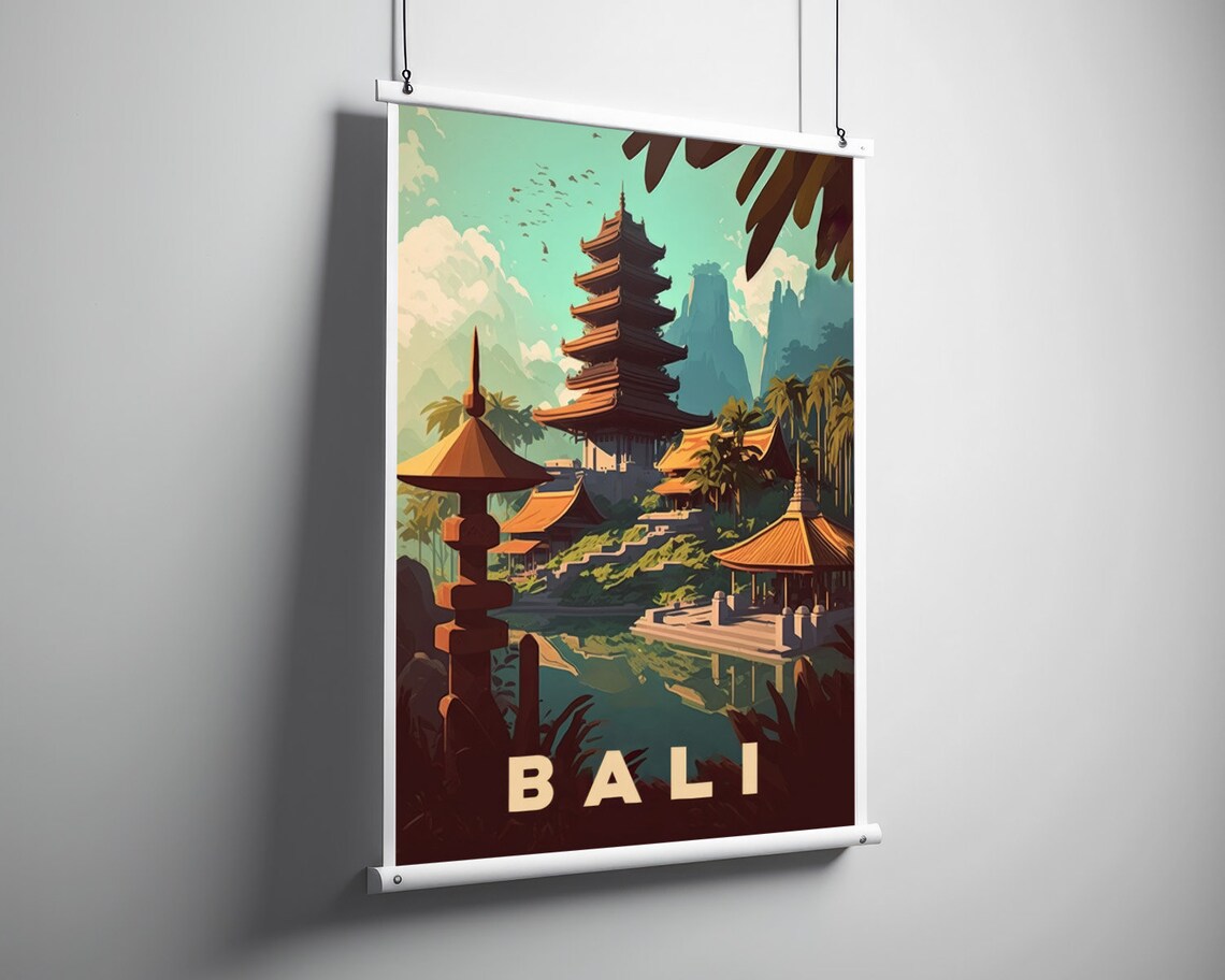 Bali Indonesia Vintage Travel Poster Lake Temple Pagoda Scene - Image 3
