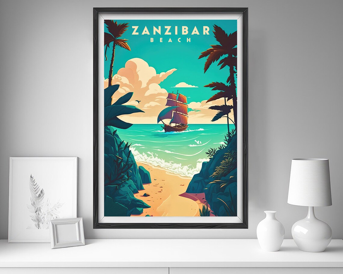 Zanzibar Beach Tanzania Sailboat Palms Vintage Travel Poster - Image 4