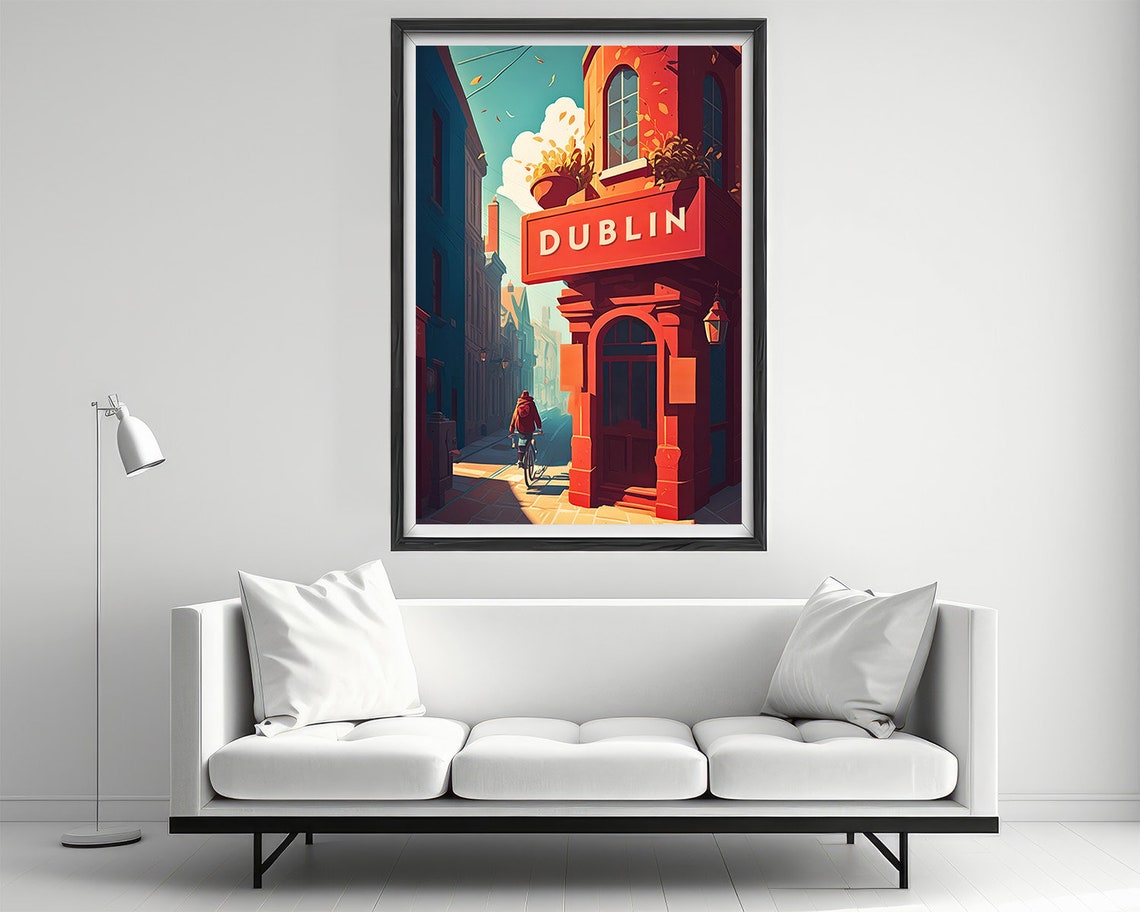Dublin Ireland Vintage Travel Poster Red Pub Cyclist Street Scene - Image 2