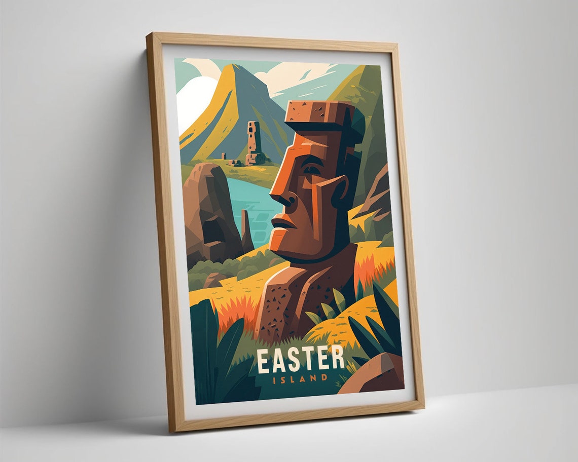 Easter Island Moai Statue Vintage Travel Poster Volcano Hills - Image 5