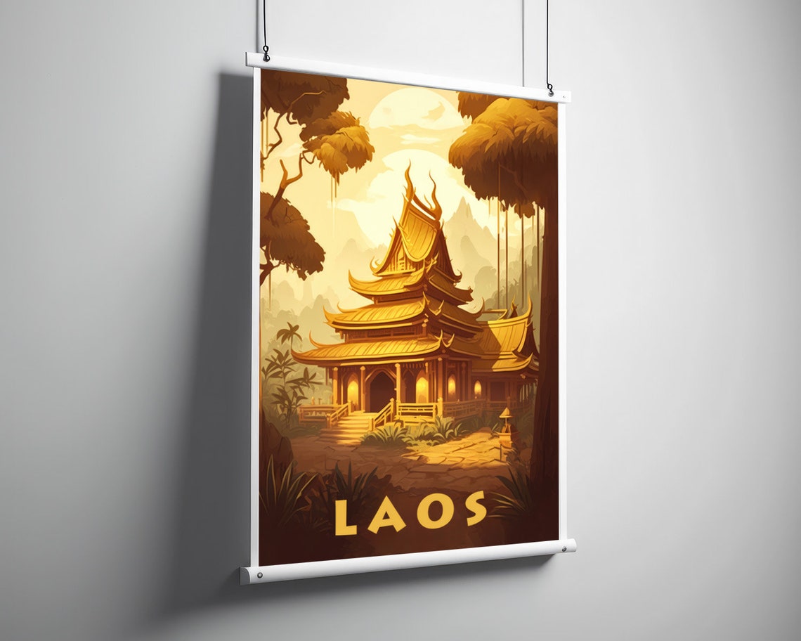 Laos Golden Buddhist Temple Rainforest Jungle Vintage Travel Poster - Image 3
