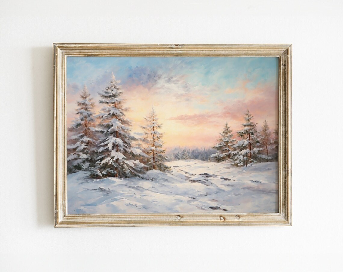 Snowy Forest Landscape Art Print, Rustic Vintage Nature
