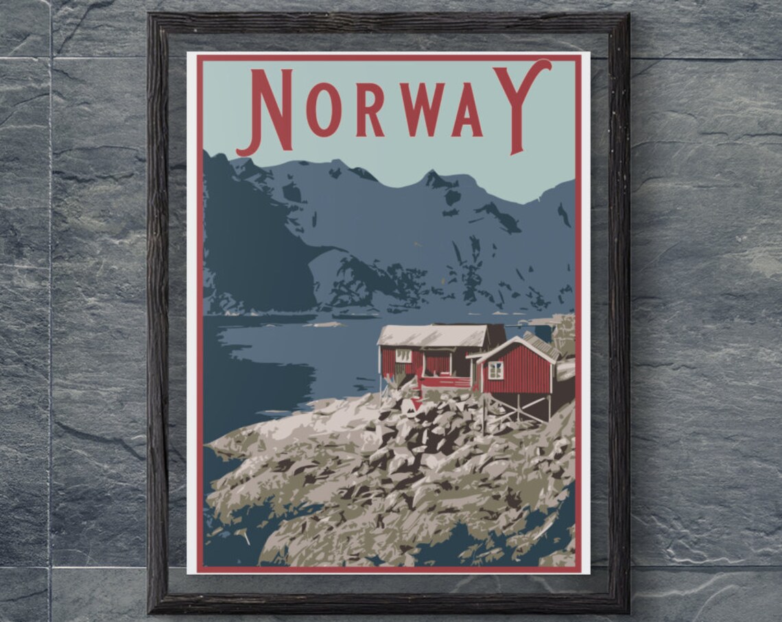 Norway Red Fishing Cabins Dramatic Fjord Coast Vintage Travel Poster