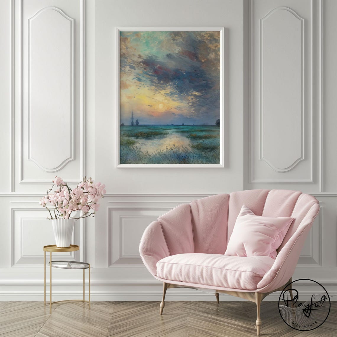 Mystical Sunset Lake Landscape Painting Teal Gold Vintage Art Poster - Image 4