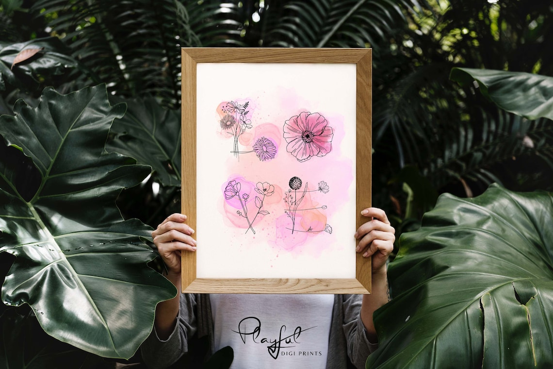 Pink Watercolor Floral Botanical Line Art Delicate Flower Wall Poster - Image 3