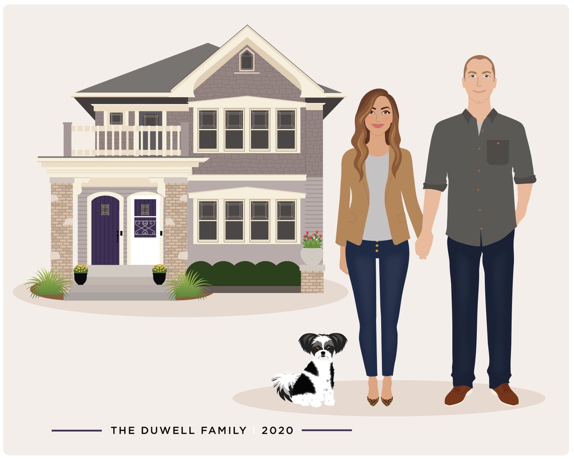 Personalized Family with House and Husky Dog Illustration Poster - Image 5