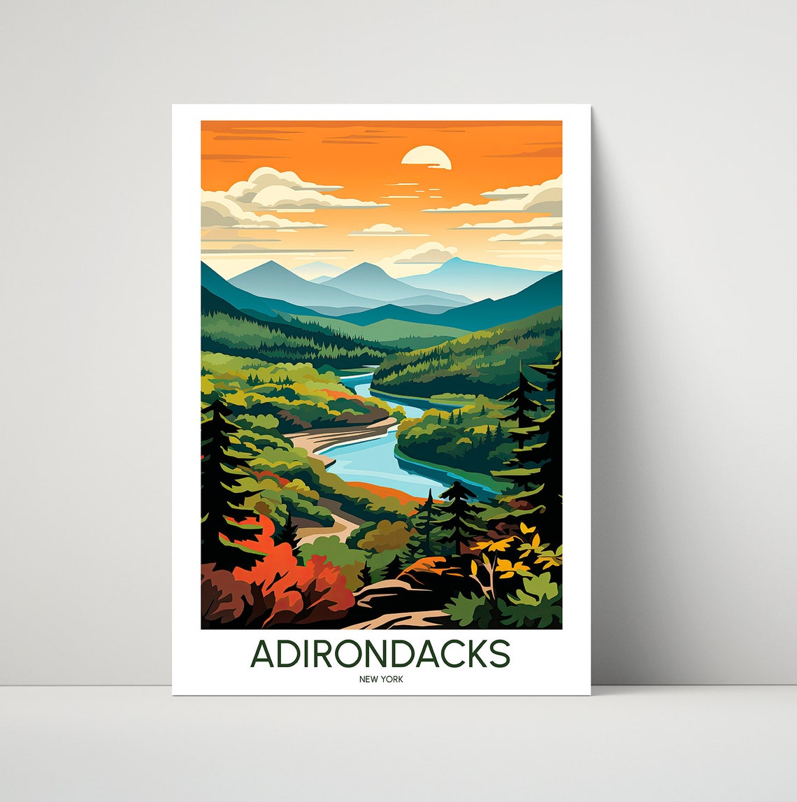 Adirondacks New York Autumn River Valley Sunset Travel Poster