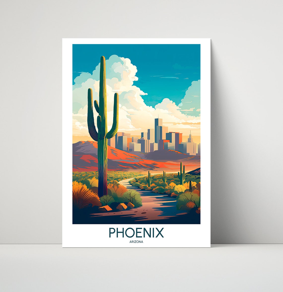 Phoenix Arizona Giant Saguaro Desert Sunset Landscape Travel Poster