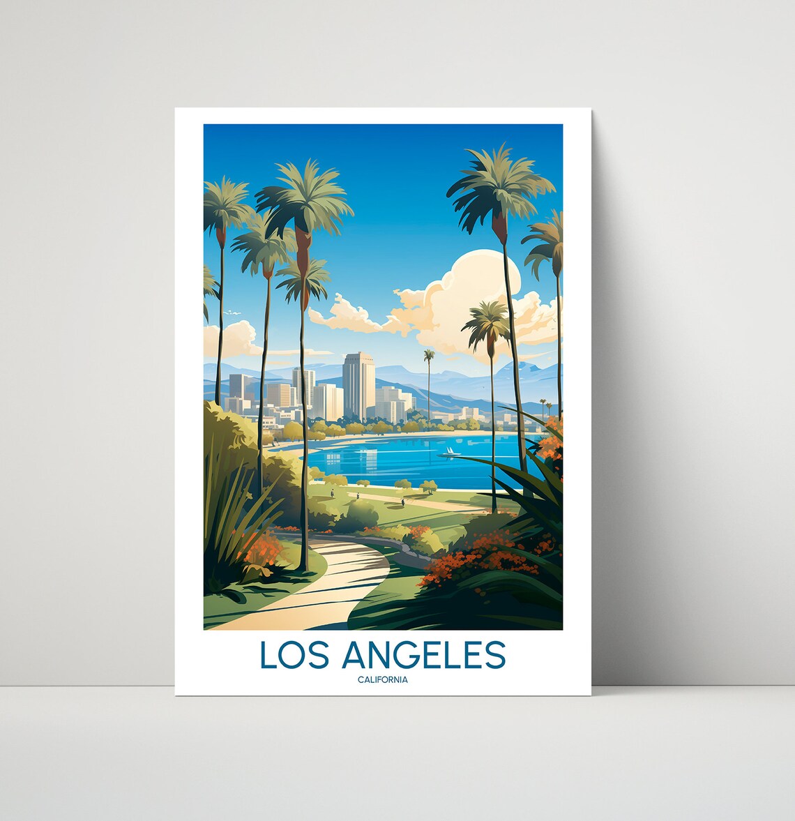 Los Angeles California Park Palms Bay View Illustration Poster