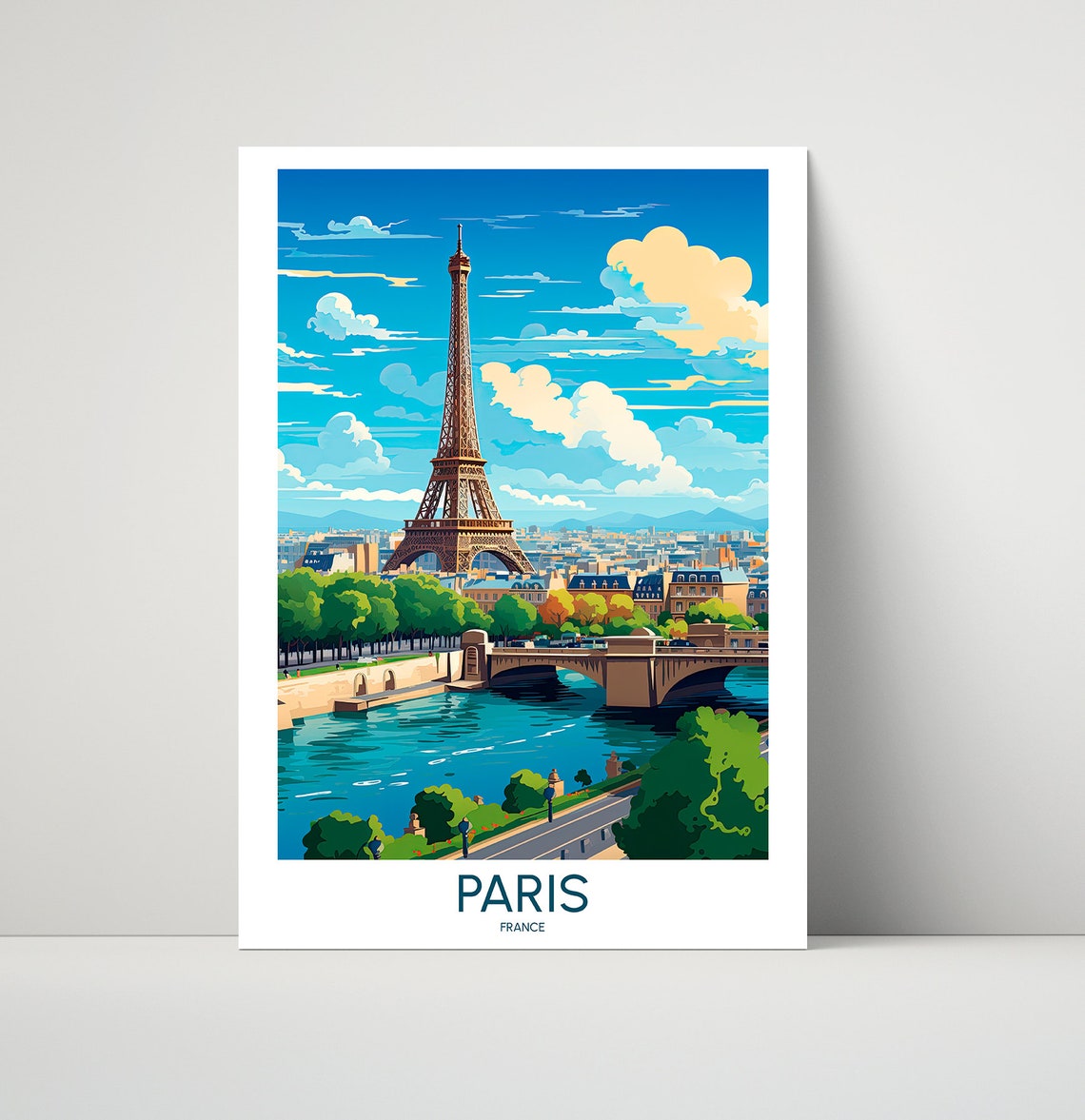 Paris France Summer Eiffel Tower Seine River Bridge Travel Poster