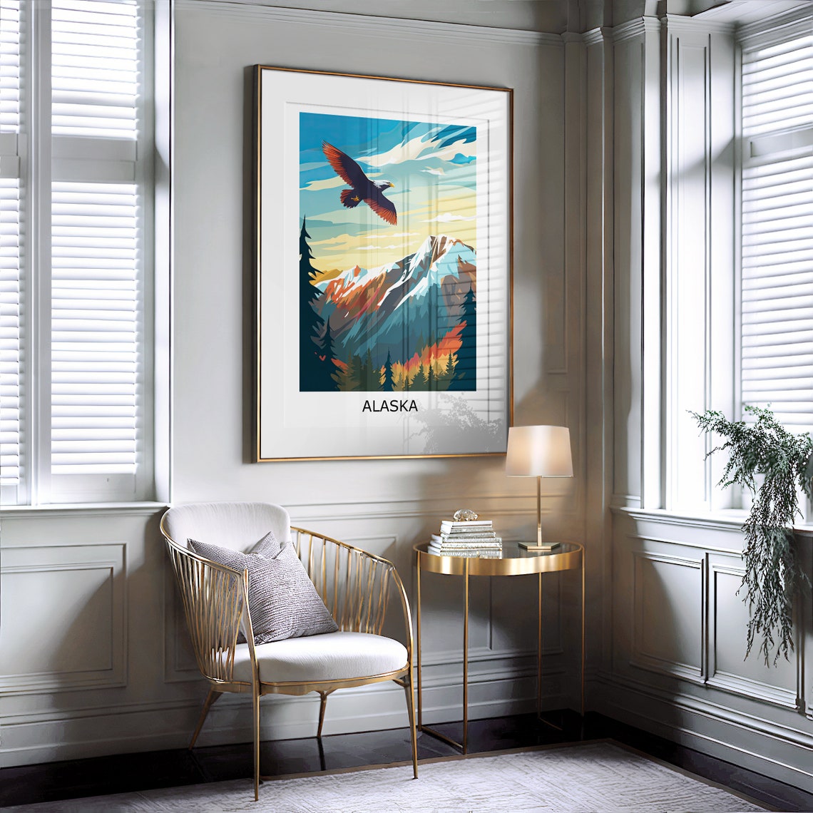 Alaska Bald Eagle Snowy Mountains Flight Illustration Poster - Image 2