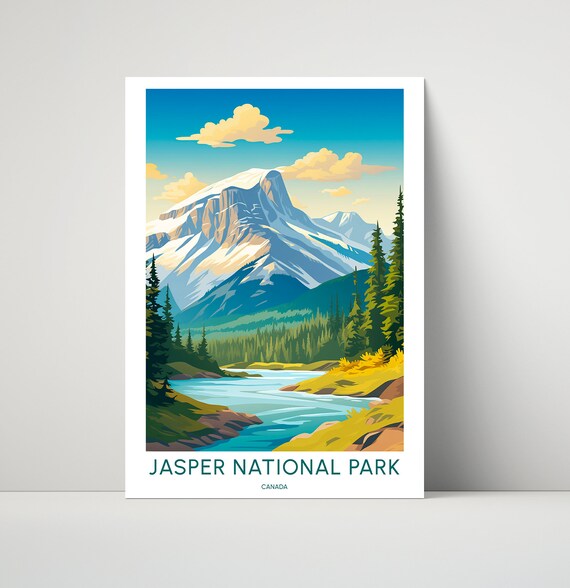 Jasper National Park Canada Snow Peak River Illustrated Travel Poster
