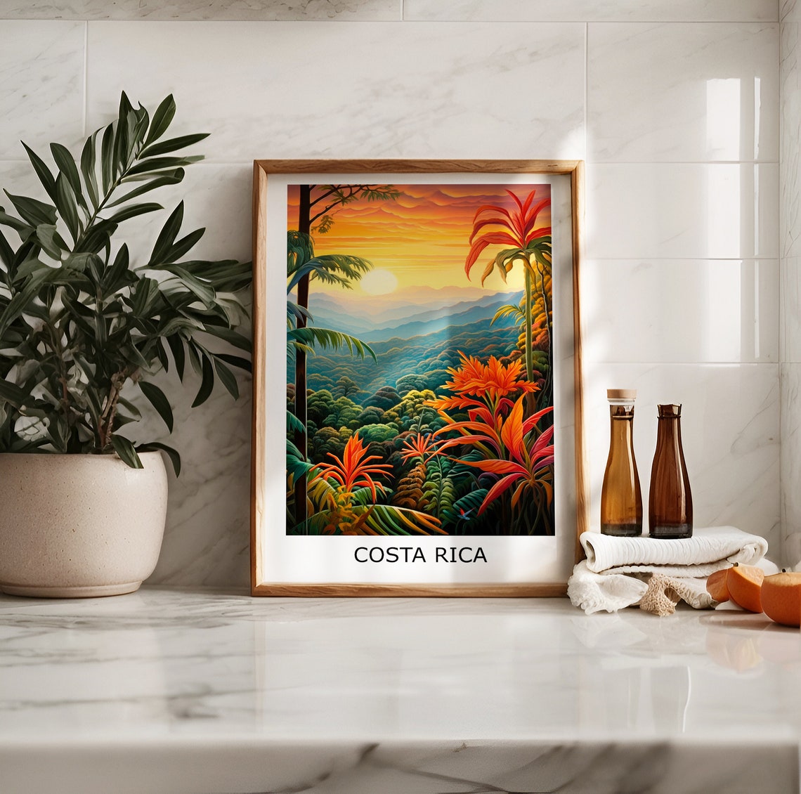 Costa Rica Tropical Jungle Sunset Palm Trees Colorful Art Poster - Image 2