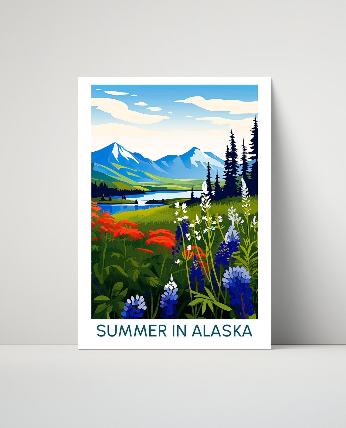Summer in Alaska Wildflowers Mountain Lake Illustrated Travel Poster