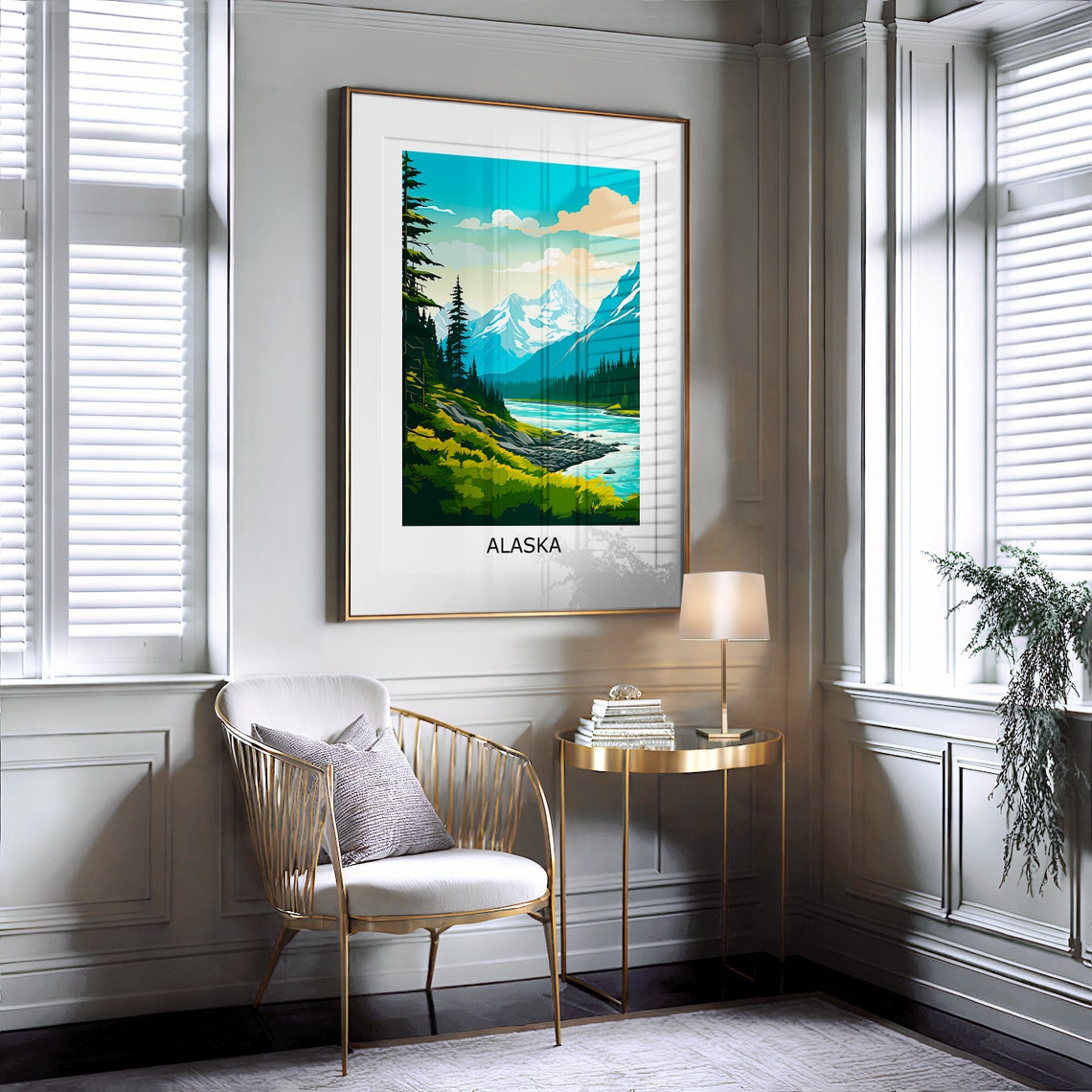 Alaska Turquoise River Valley Snowy Peaks Landscape Art Poster - Image 2