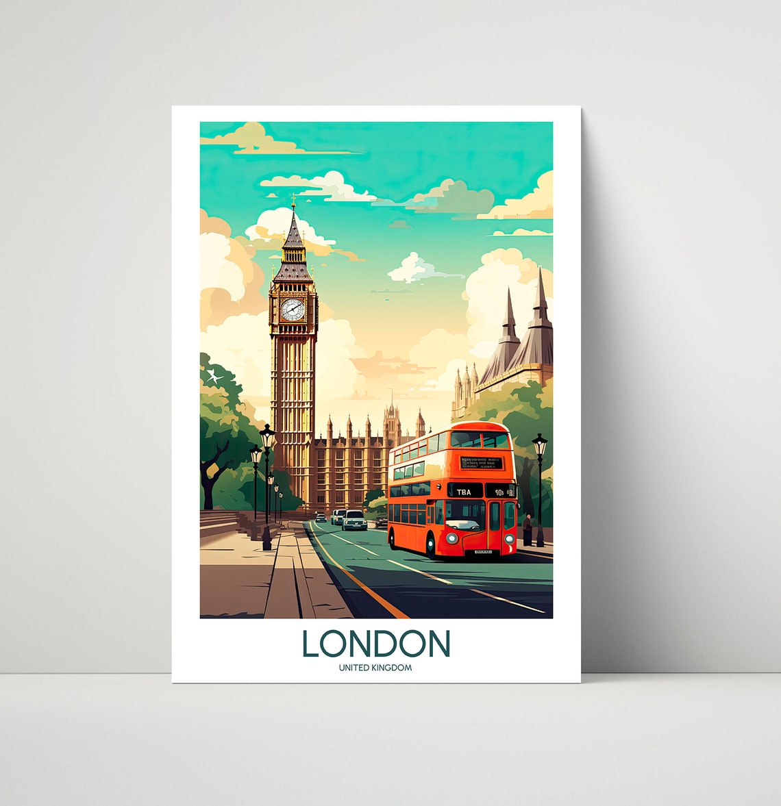 London England Big Ben Clock Tower Red Bus Vintage Travel Poster