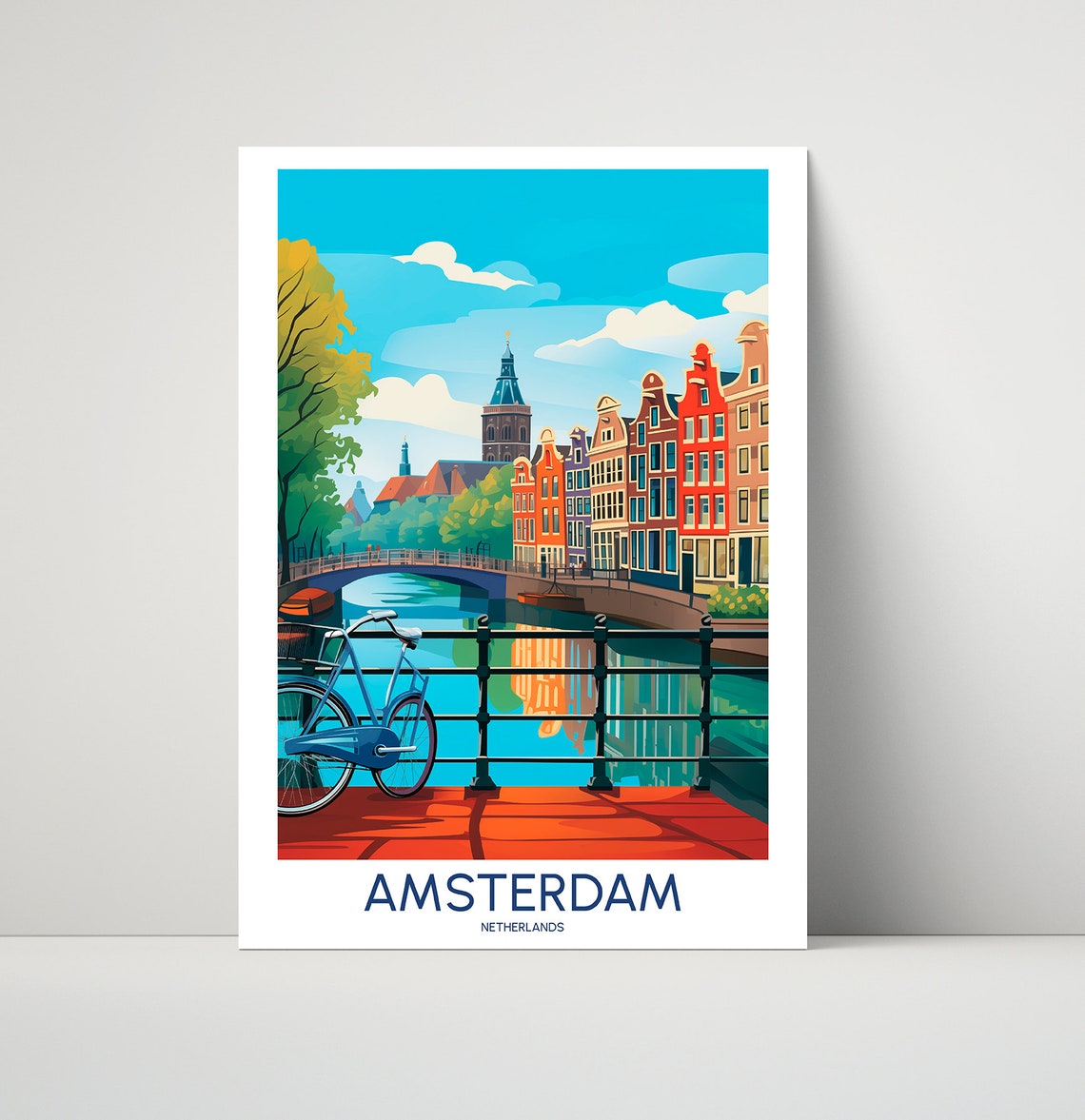 Amsterdam Netherlands Canal Bicycle Bridge Travel Illustration Poster