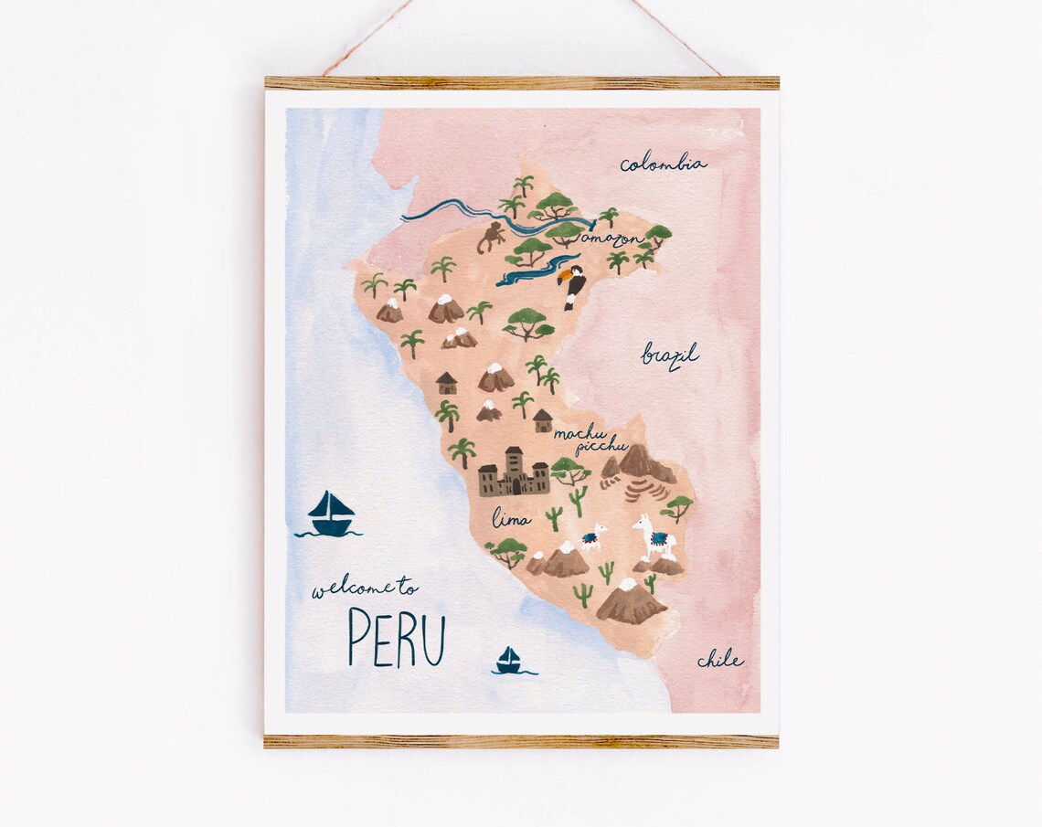 Peru Map Art Print, Tropical Watercolor Gouache