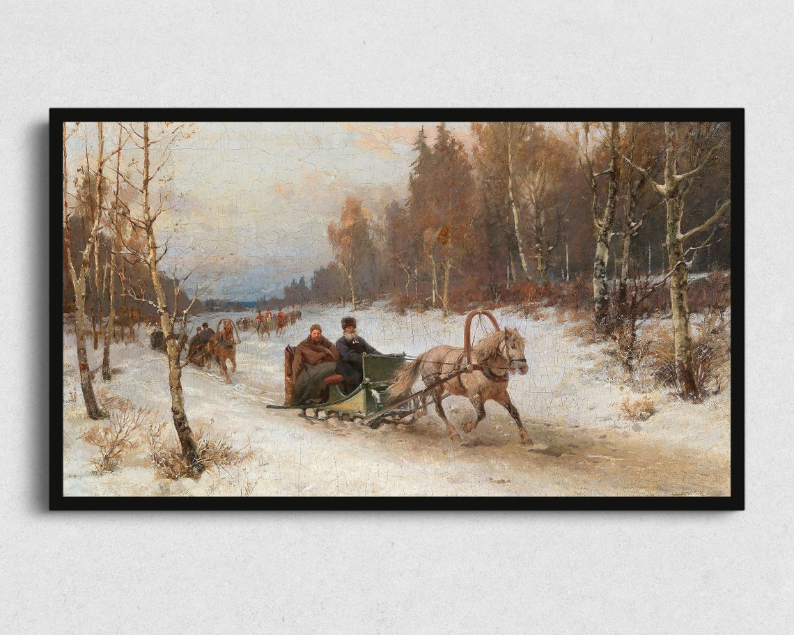 Holiday Frame Tv Art Vintage Christmas Painting Of Sleigh In Snowy Woods Antique Winter Tv Cover Art Frame Tv