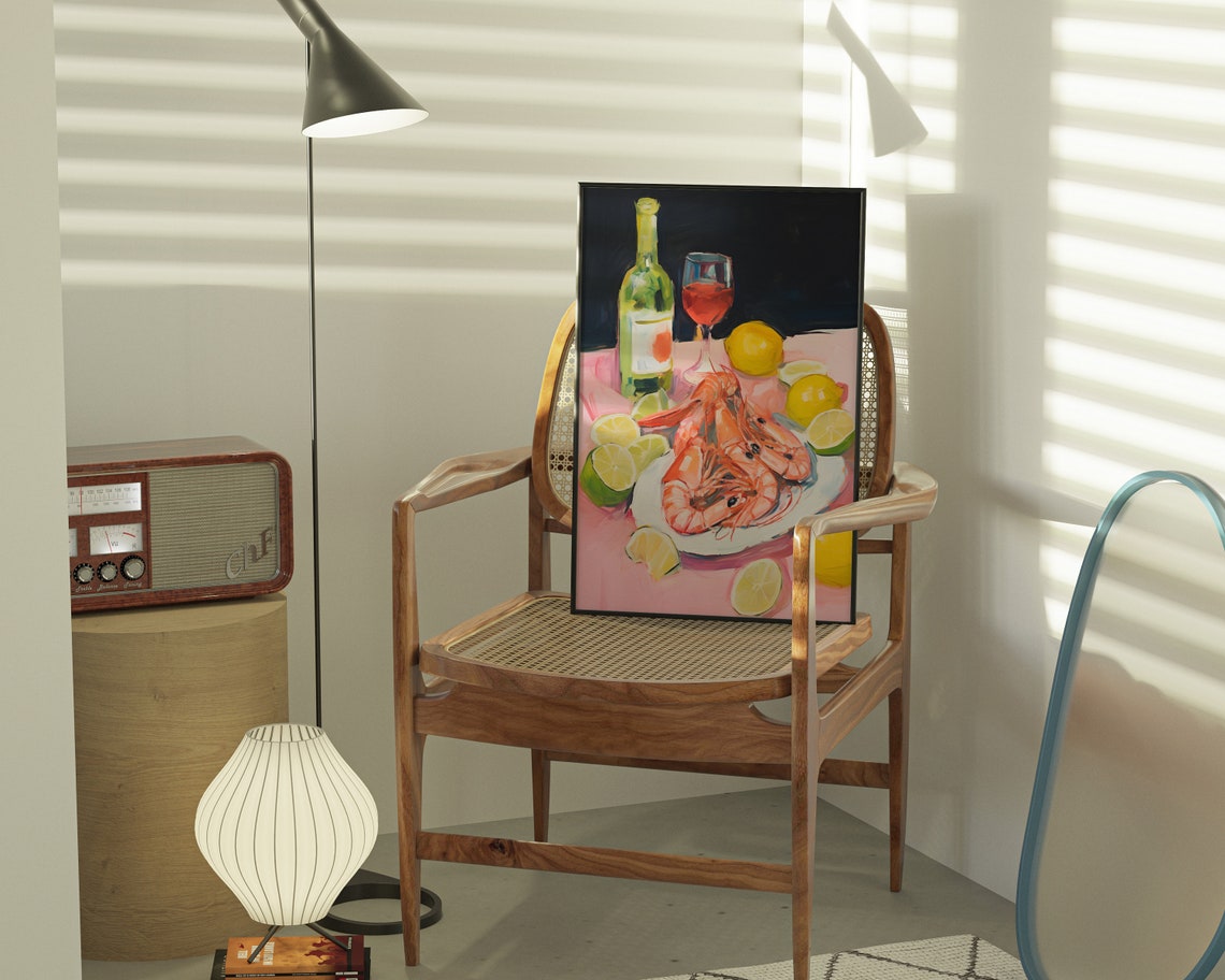 Shrimp Seafood Still Life Wine Lemons Painterly Dining Room Poster - Image 3