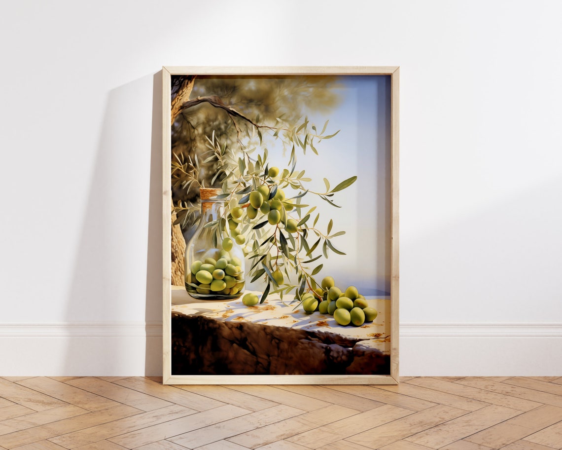 Olive Branch Green Olives Glass Jar Sunlit Still Life Wall Poster