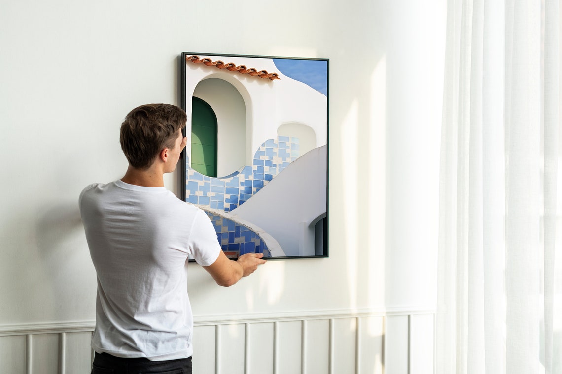 Santorini Blue Tile Stairs White Architecture Minimal Art Poster - Image 2