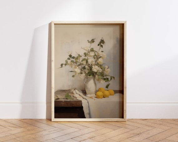 White Flower Vase Wall Art Lemon Poster Flower Still Life Painting Vintage Farmhouse Decor Farmhouse Kitchen Wall Decor Optional Frame