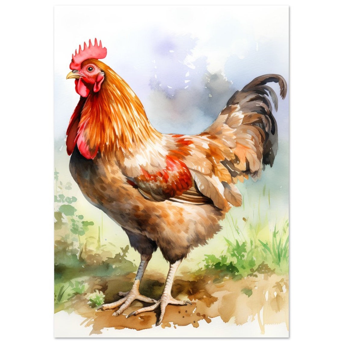 Rooster Watercolour Painting Farm Chicken Portrait Rustic Art Poster