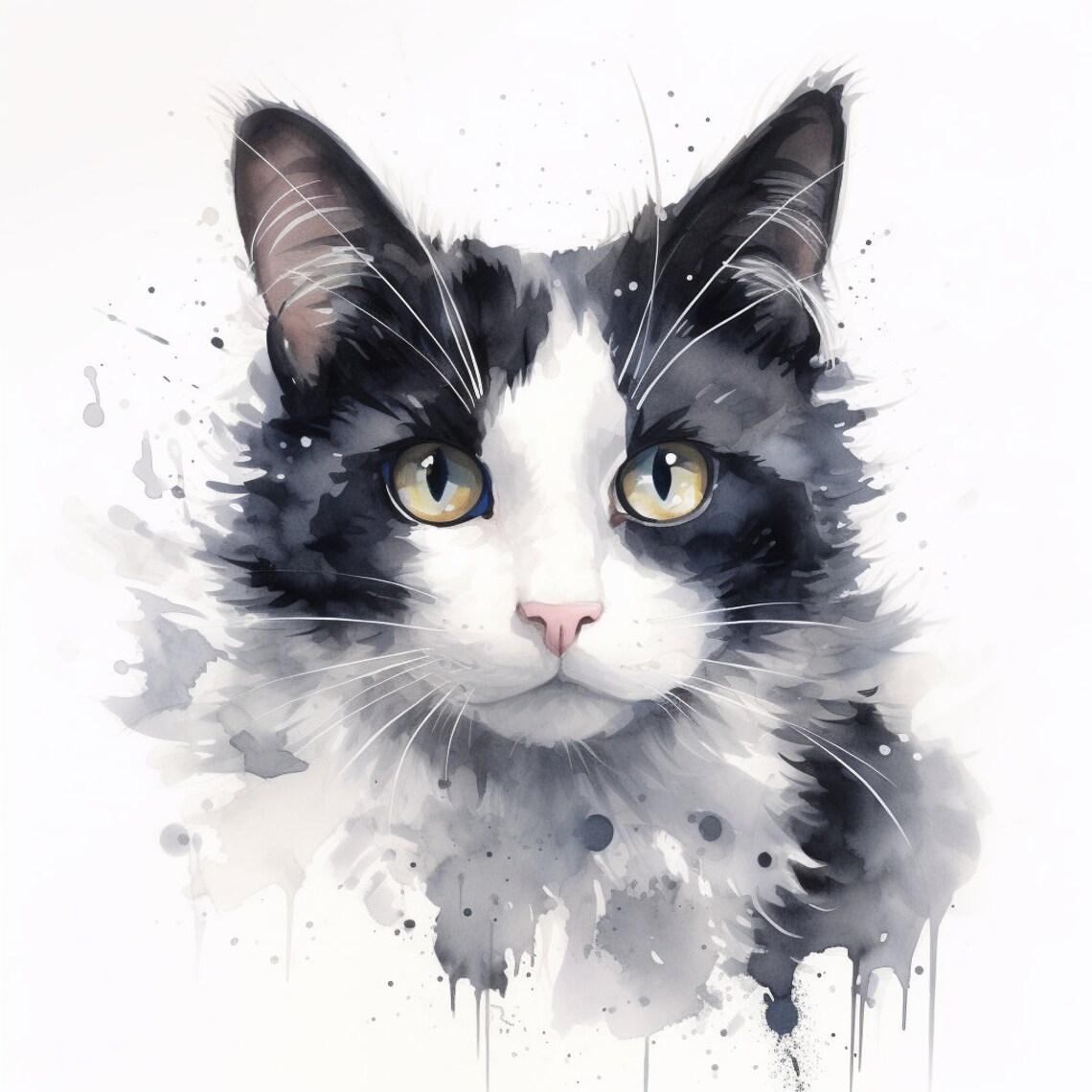 Striking Black and White Cat Golden Eyes Watercolour Pet Portrait Poster
