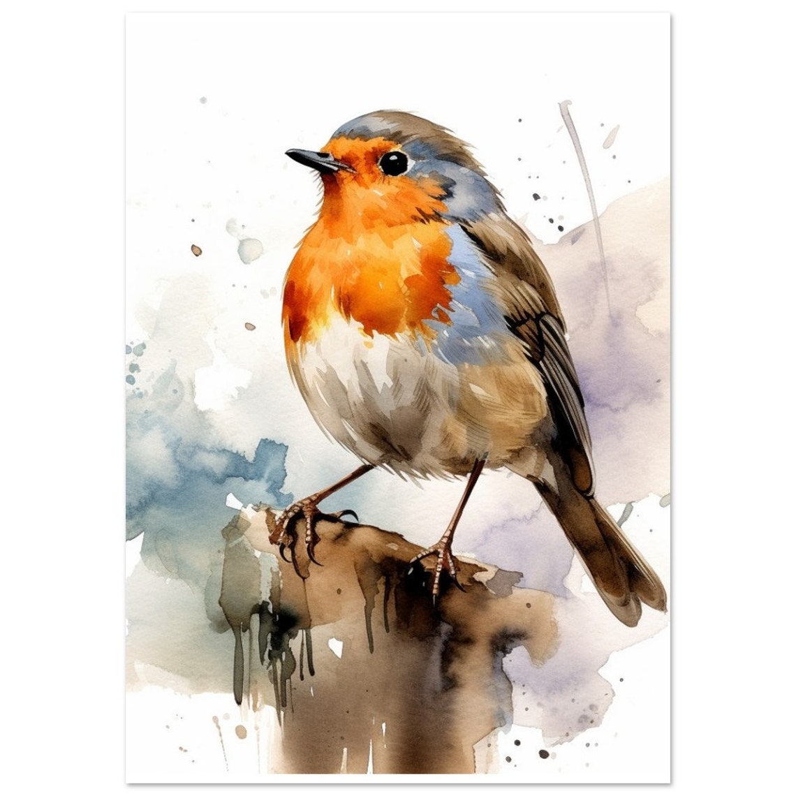 Charming Robin Redbreast Perched Watercolour Garden Bird Art Poster