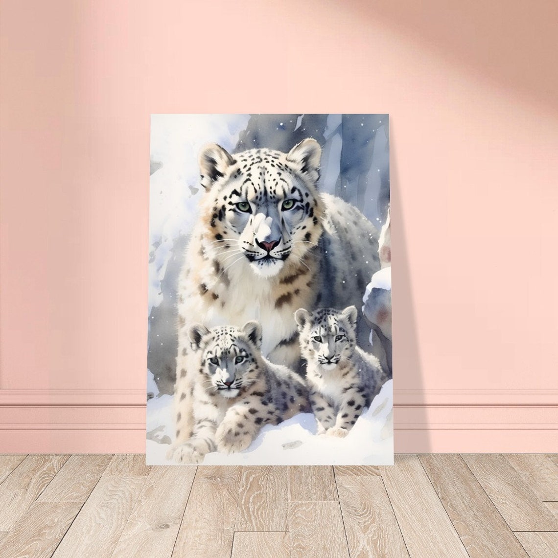 Snow Leopard Mother With Two Cubs In The Snow Watercolour Poster - Image 3