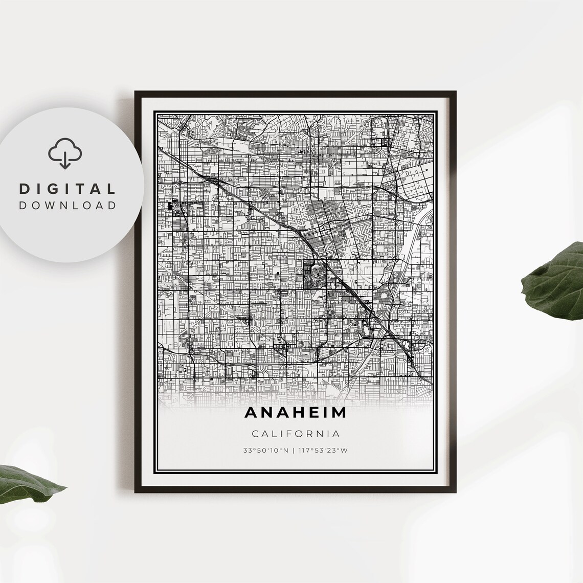 Anaheim California City Street Roads Map Print for Modern Home Decor