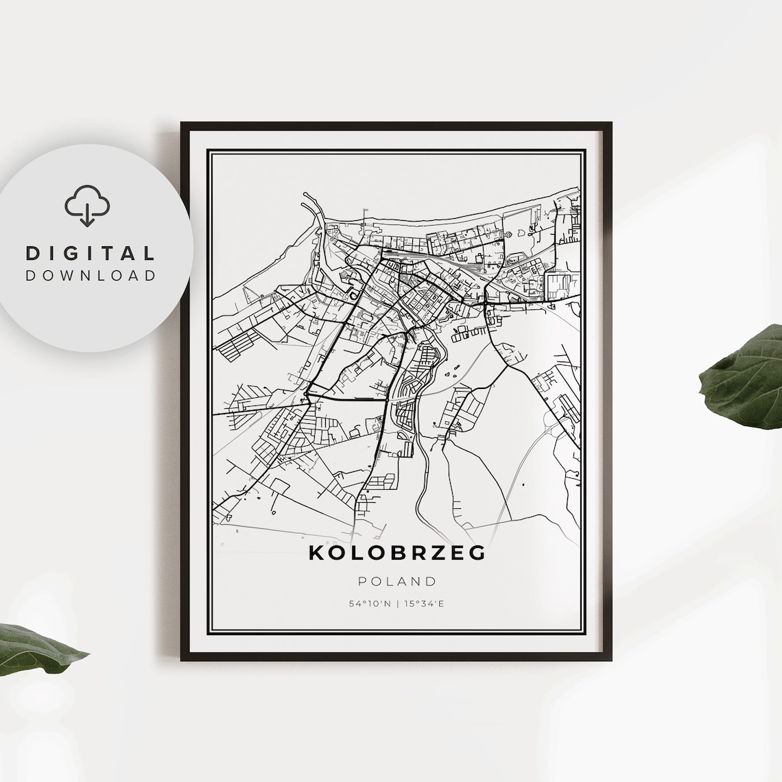 Kolobrzeg Poland Black and White City Street Map Minimalist Poster