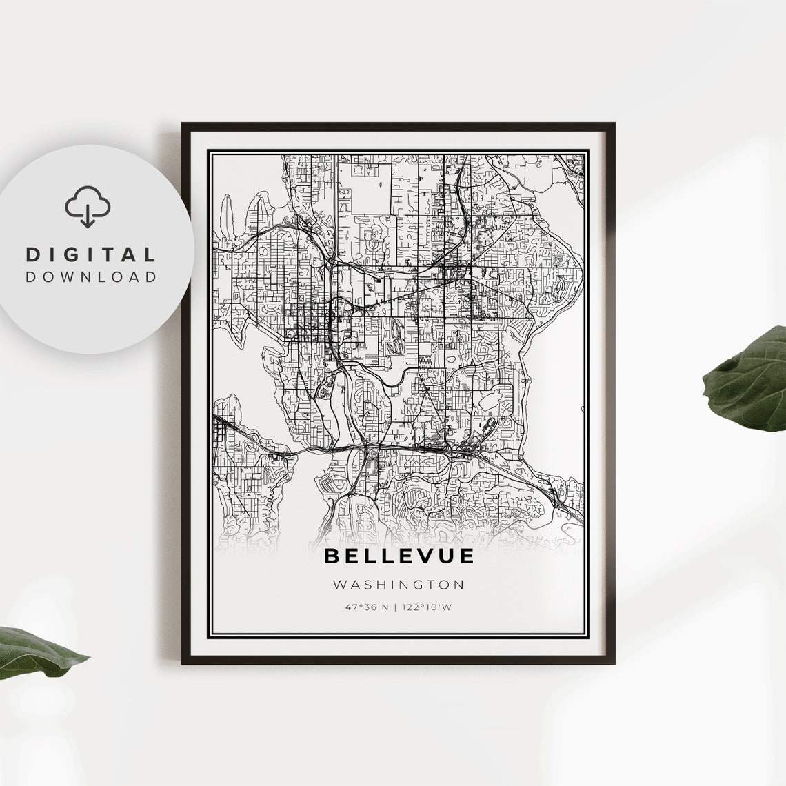 Bellevue Washington City Street Map Minimalist Line Art Poster