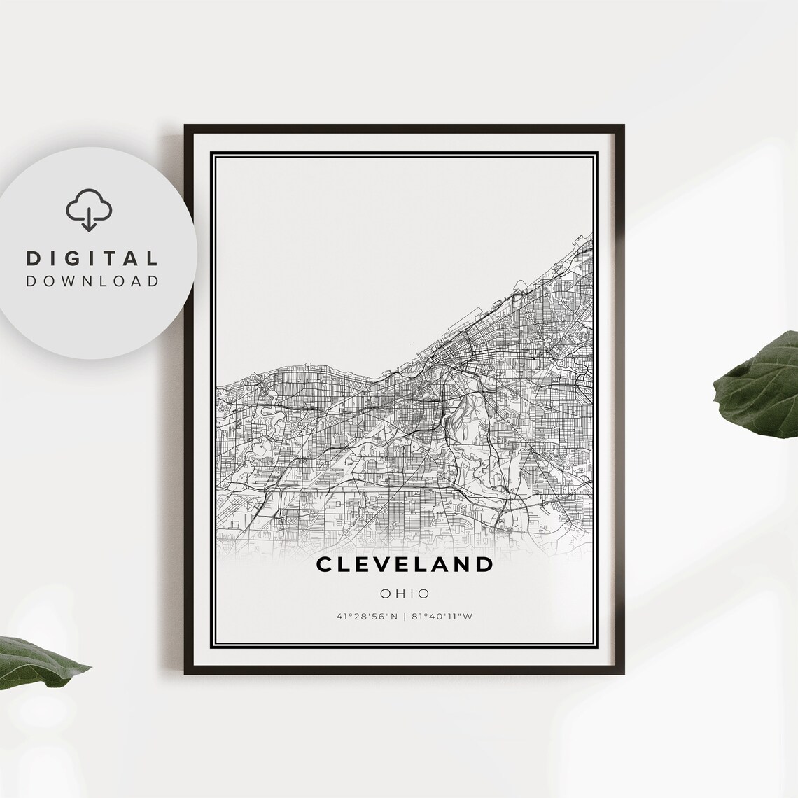Cleveland Ohio City Street Map Minimalist Black and White Art Poster