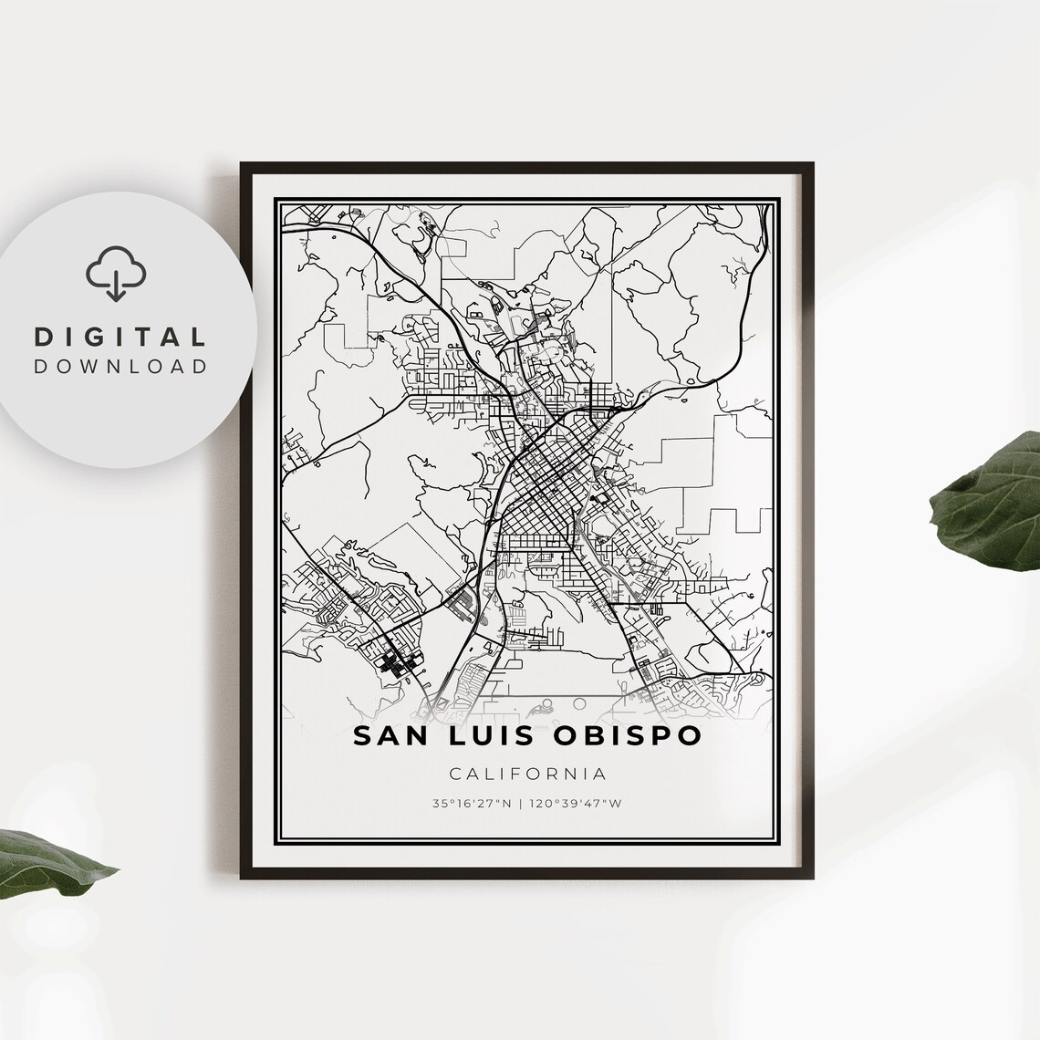 San Luis Obispo California Black White Minimalist Map Poster