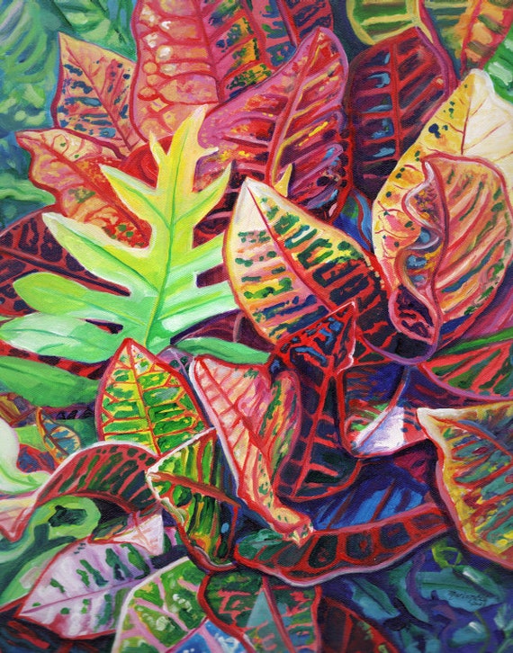 Tropical Garden Croton Art Print Hawaiian Paintings Hawaii Decor Colorful Plant Rainbow Leaves Modern Decor Kauai Maui Oahu