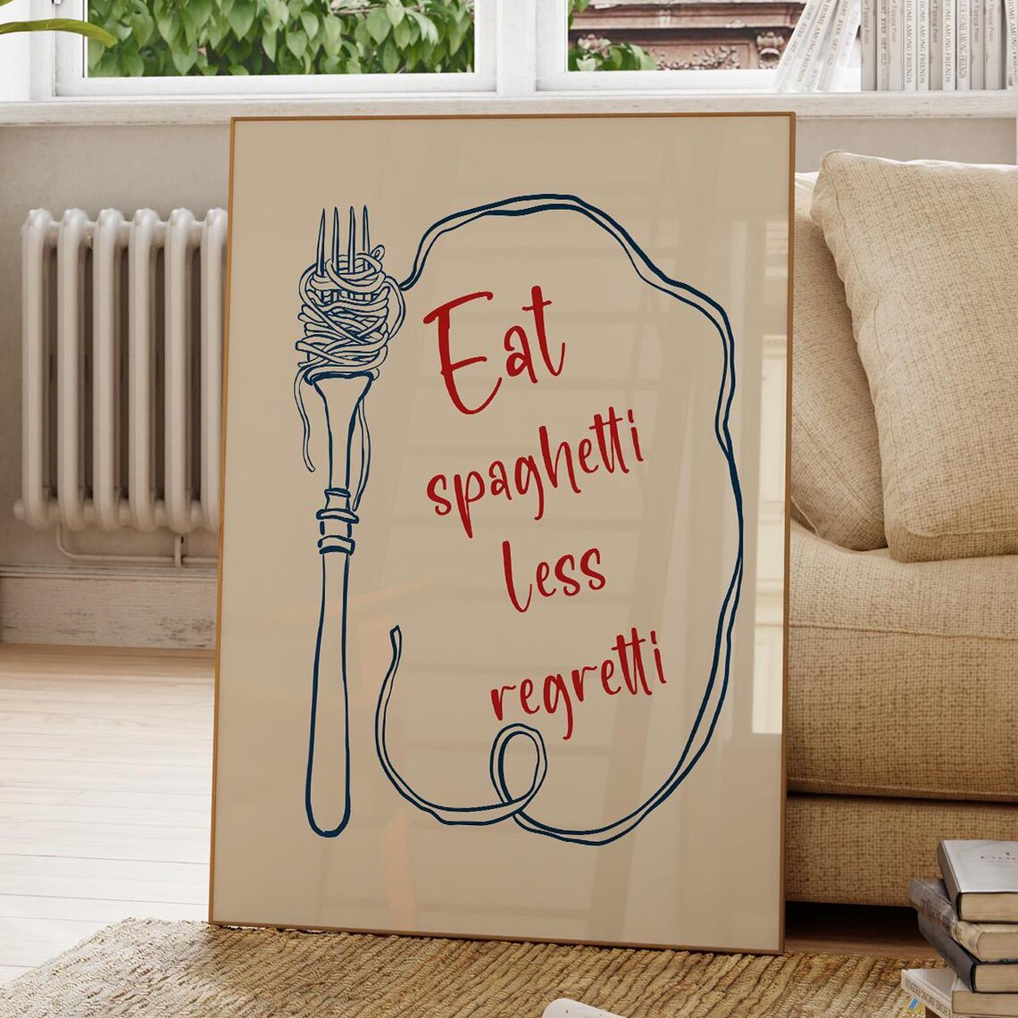 Eat Spaghetti Less Regretti Funny Retro Kitchen Food Quote Poster