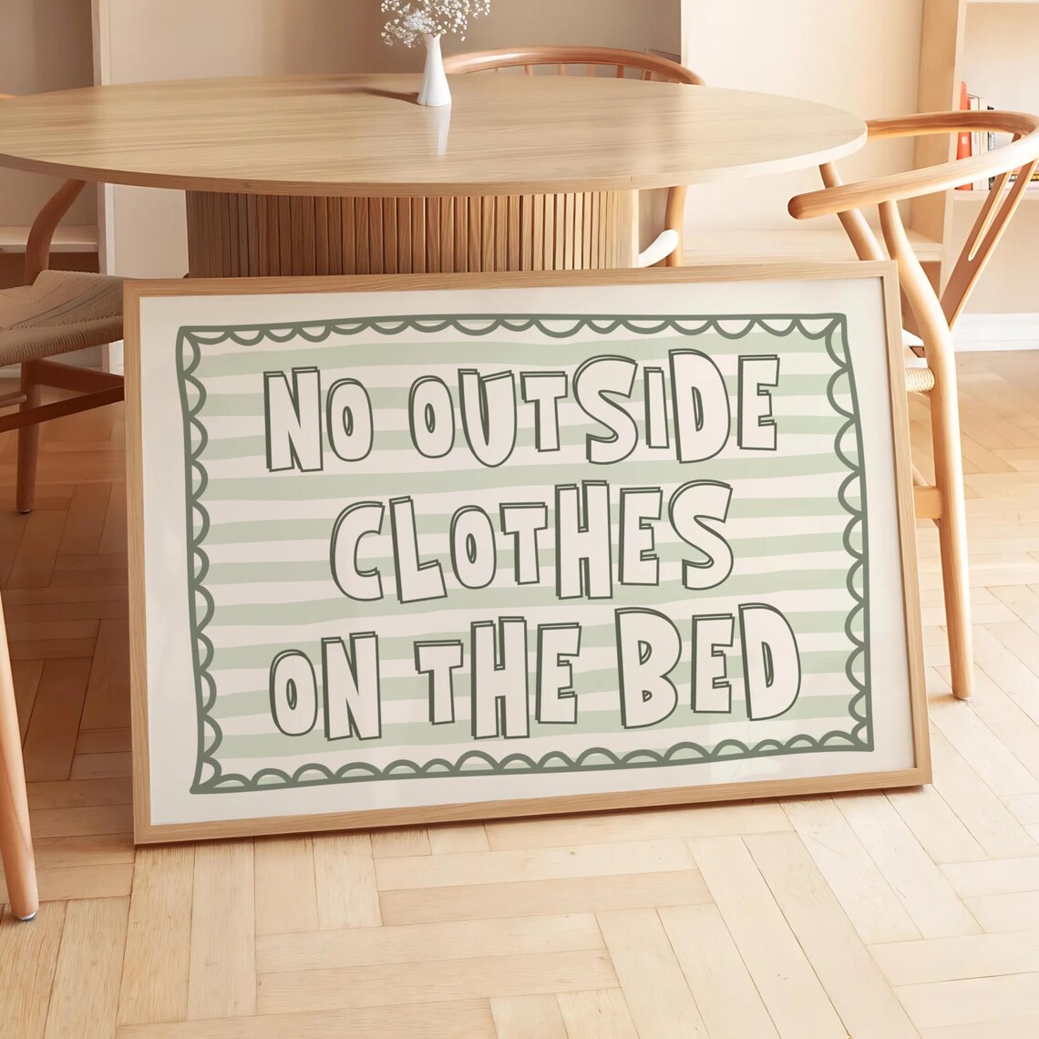 No Outside Clothes On The Bed Green Striped Funny Bedroom Poster