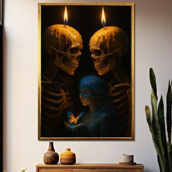Gothic Skeleton Family Painting, Candlelit Scene