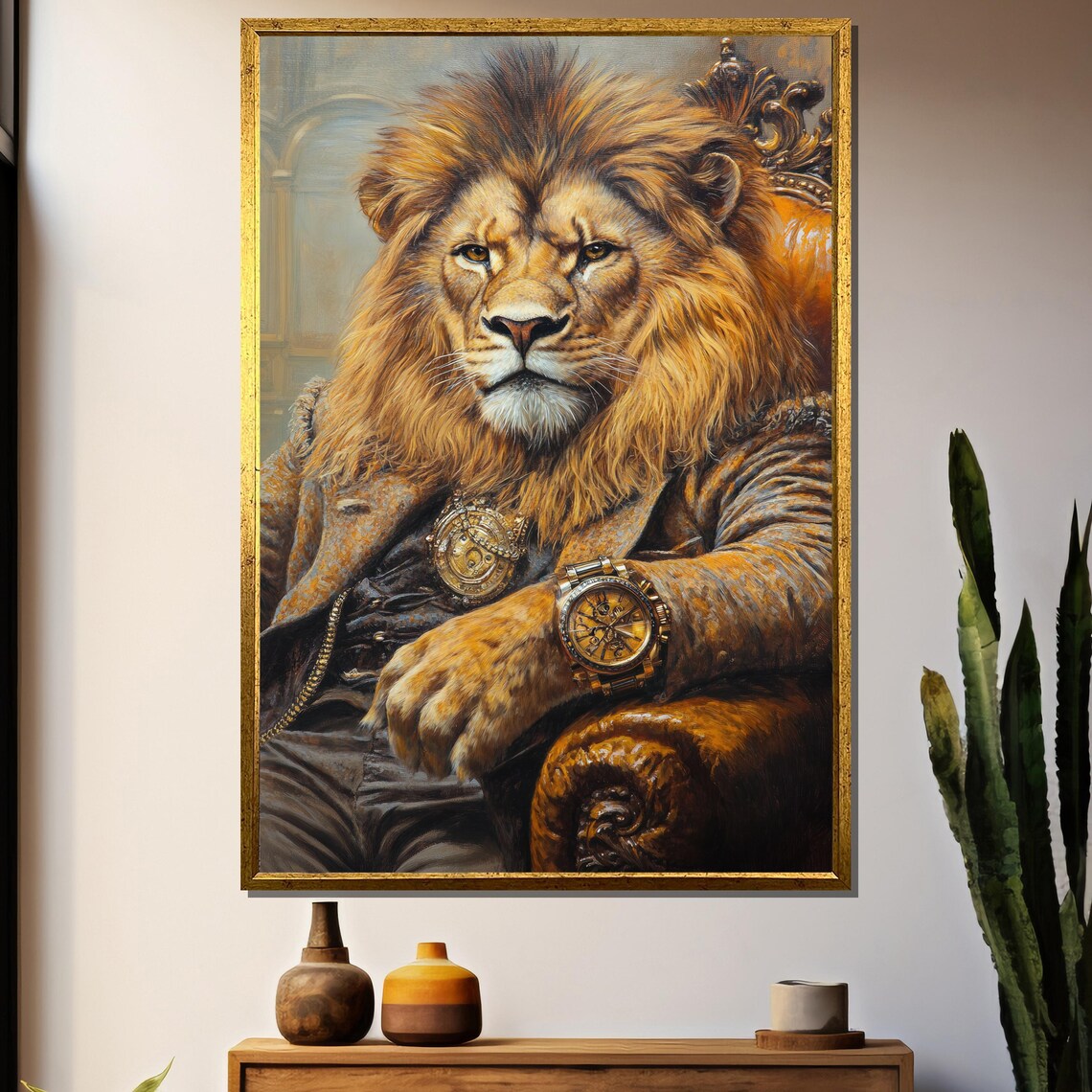 Regal Lion Painting, Sophisticated Animal Portrait