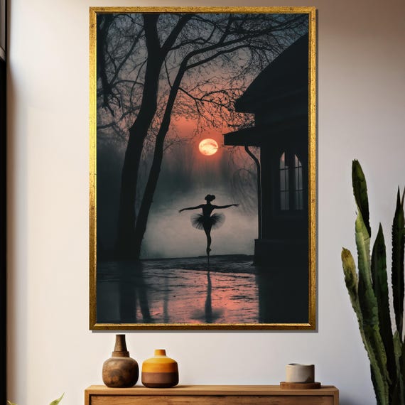 Moonlit Ballerina Silhouette, Twilight Forest Scene